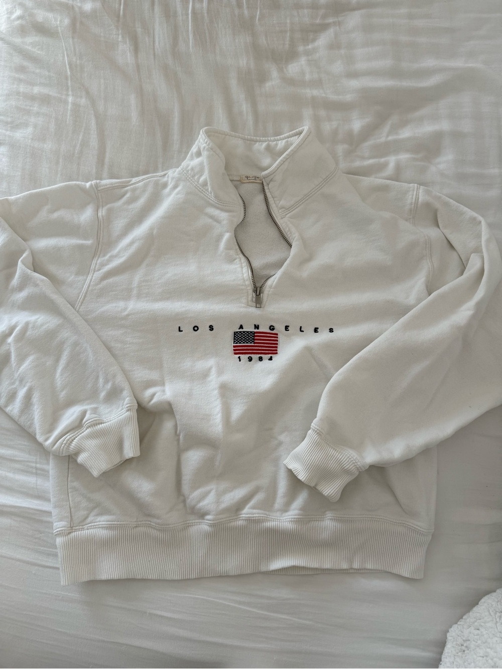 Brandy Melville White Quarter-Zip Sweatshirt with Flag Embroidery
